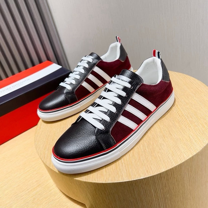 Three-Stripe Color-Block Sneaker — Red & Black Sole Detail