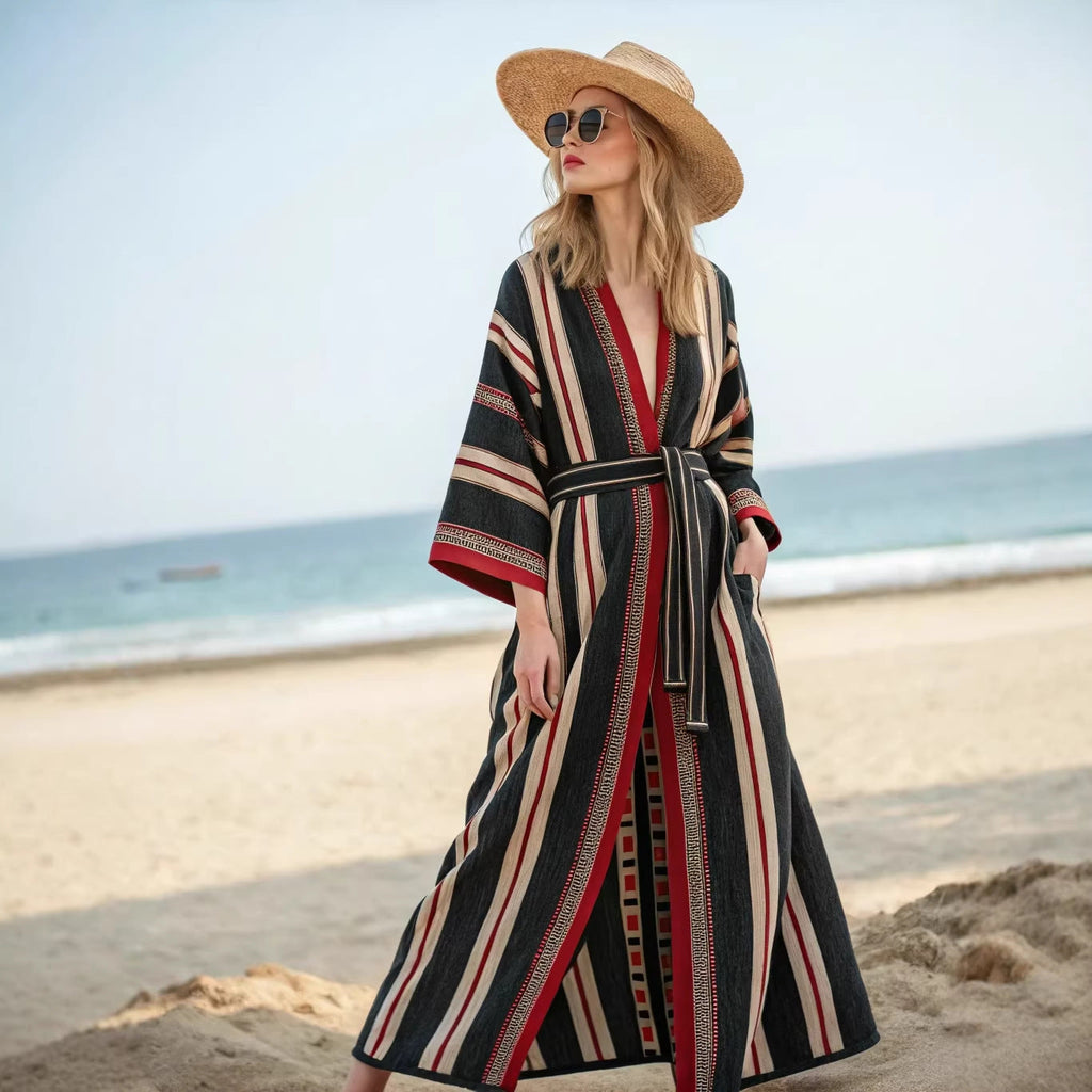 Boho Striped Belted Maxi Kaftan Beach Cover-Up