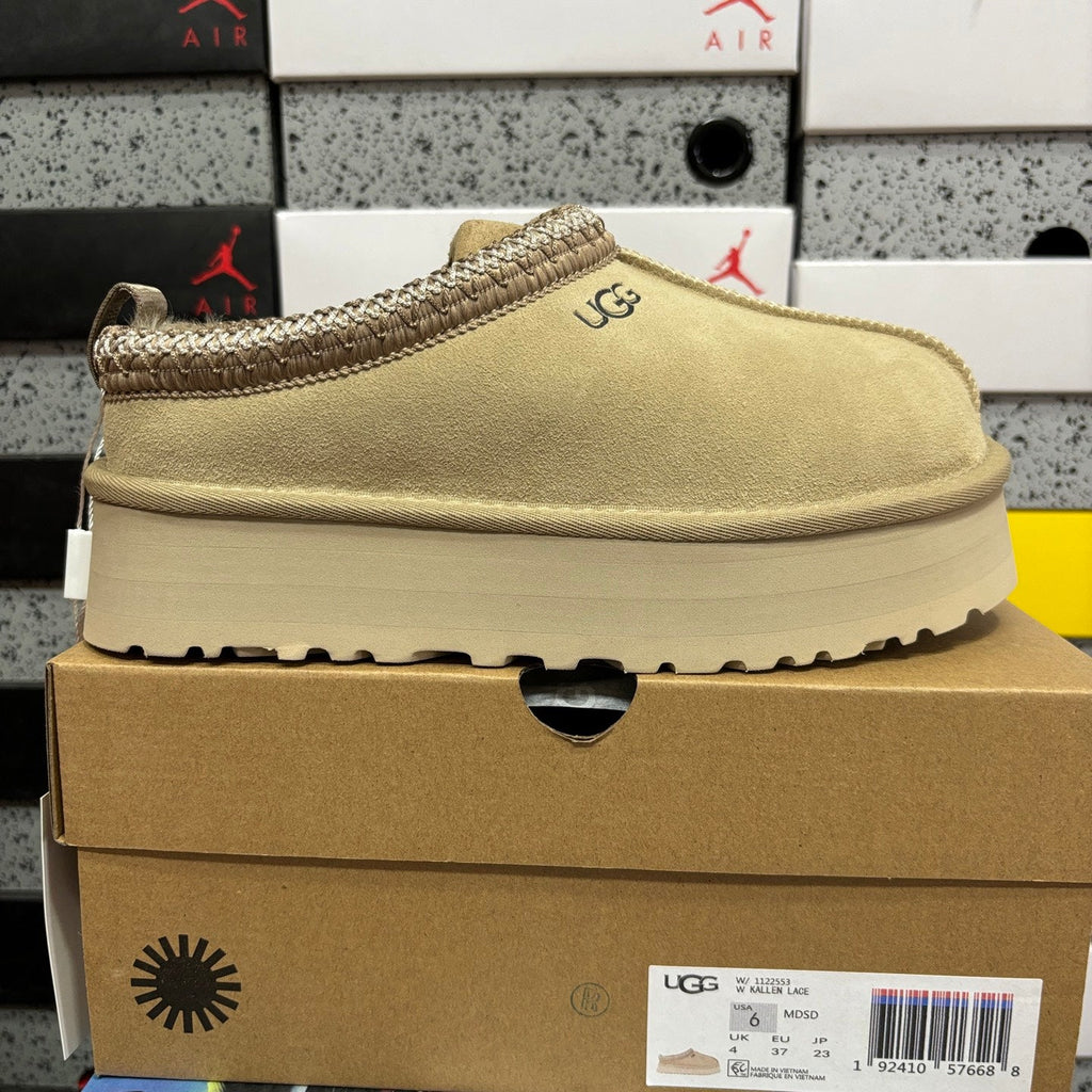 UGG Tazz Platform Slipper – Women’s Suede Clog with Braided Collar & Sheepskin Lining in Sand
