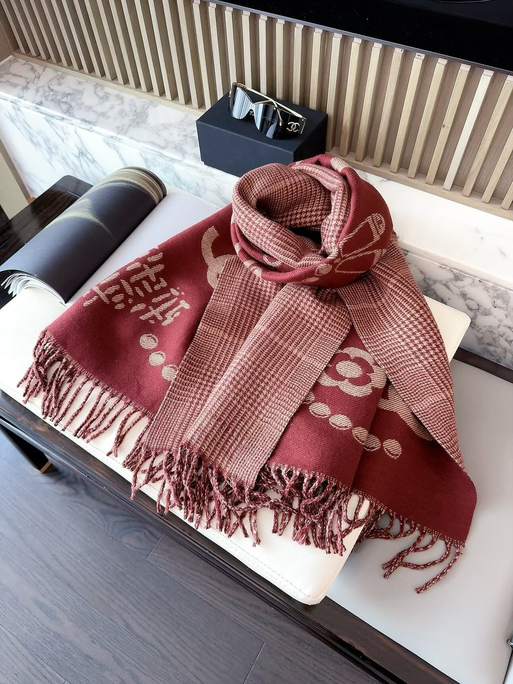 Chanel Style Jewelry Motif Fringe Scarf