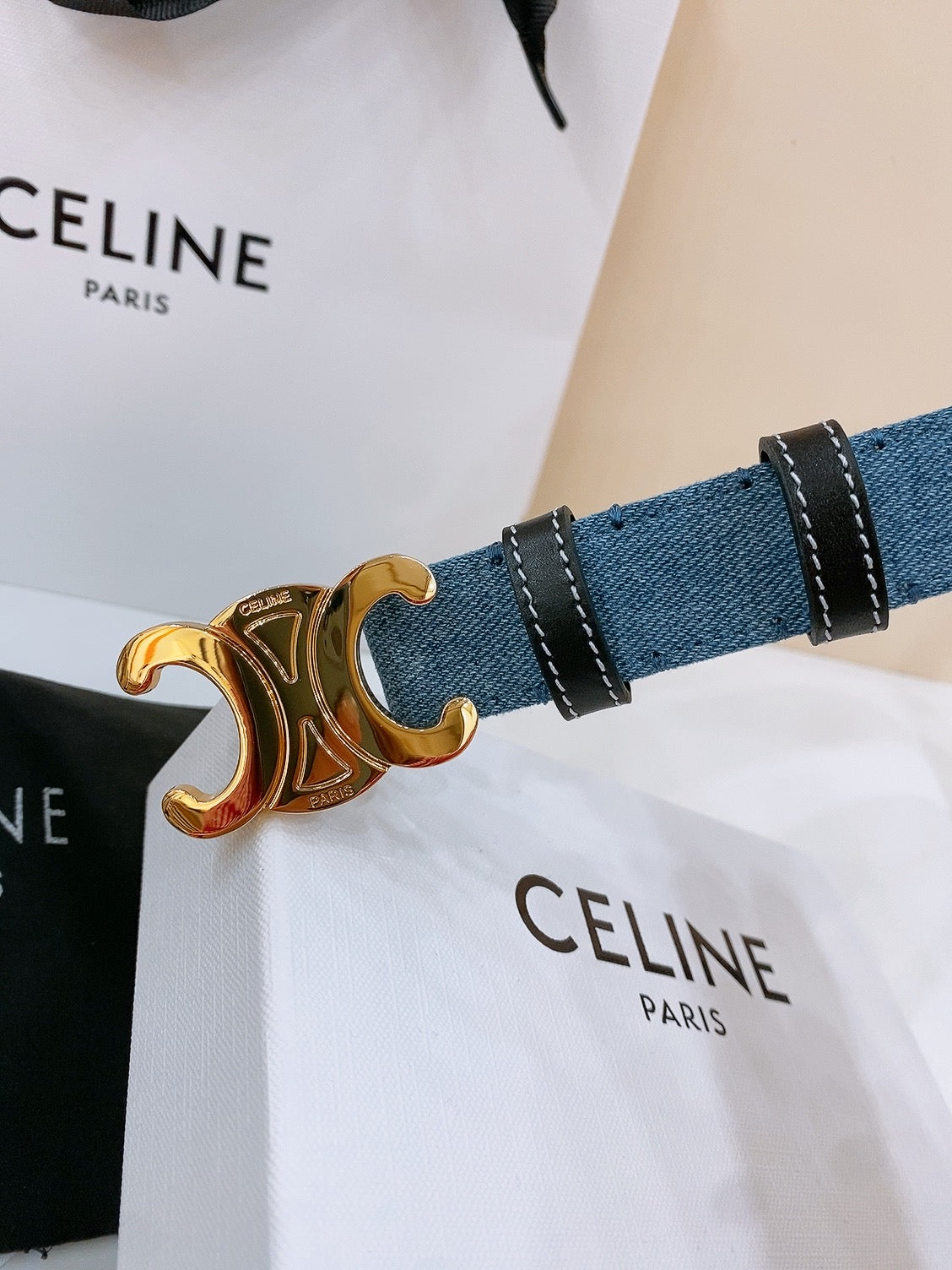 CELINE 25S BELT TRIOMPHE TAURILLON 25MM IN BLACK CALFSKIN AND DENIM 558346