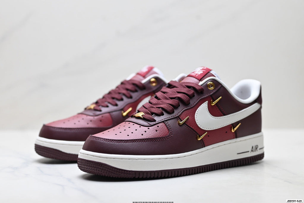 Nike Air Force 1 Low Burgundy White Gold Unisex Sneakers Style 02