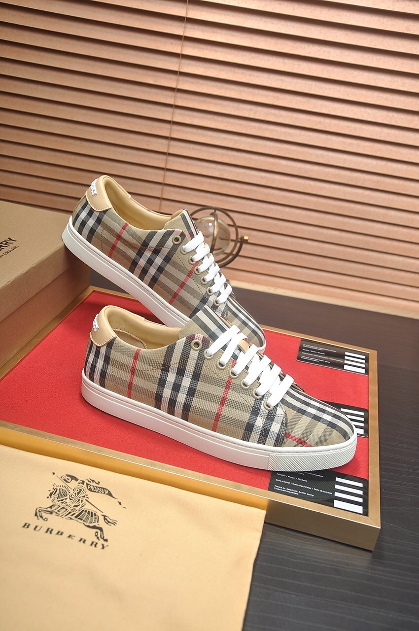 Burberry Beige Check Low-Top Sneakers - White Laces And White Rubber Sole