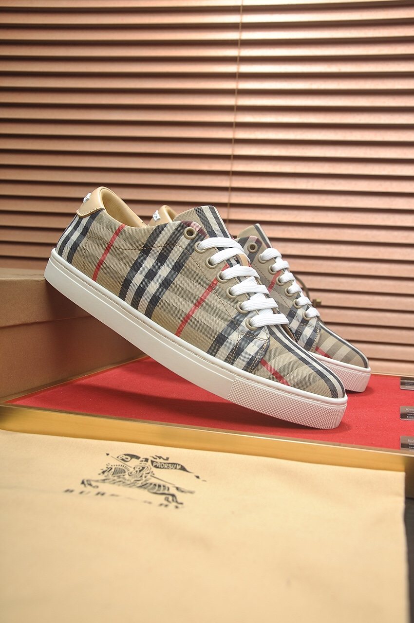Burberry Beige Check Low-Top Sneakers - White Laces And White Rubber Sole