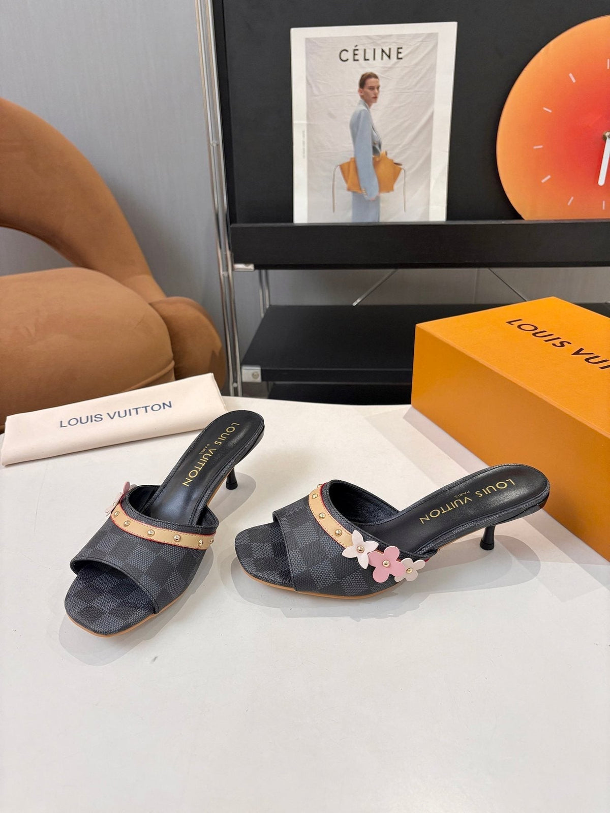 Louis Vuitton Checkered Floral Slingback Heeled Sandals