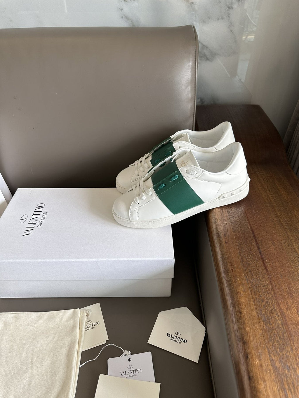 Valentino White and Green Studded Low-Top Sneakers