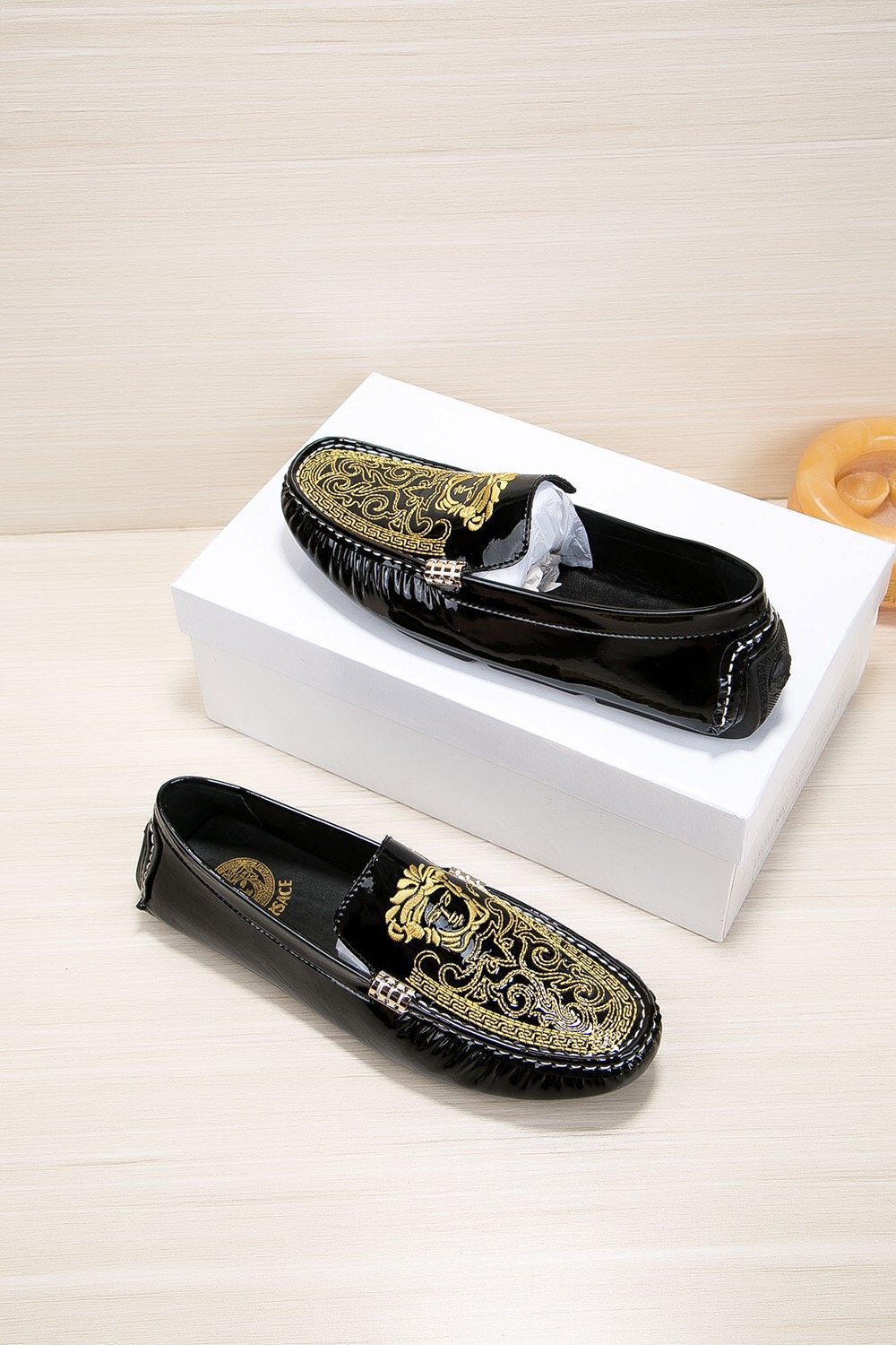 Versace Black Loafers with Gold Embroidery