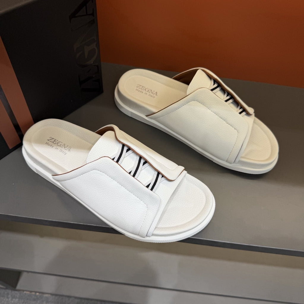 Zegna Men's White Striped Slide Sandals