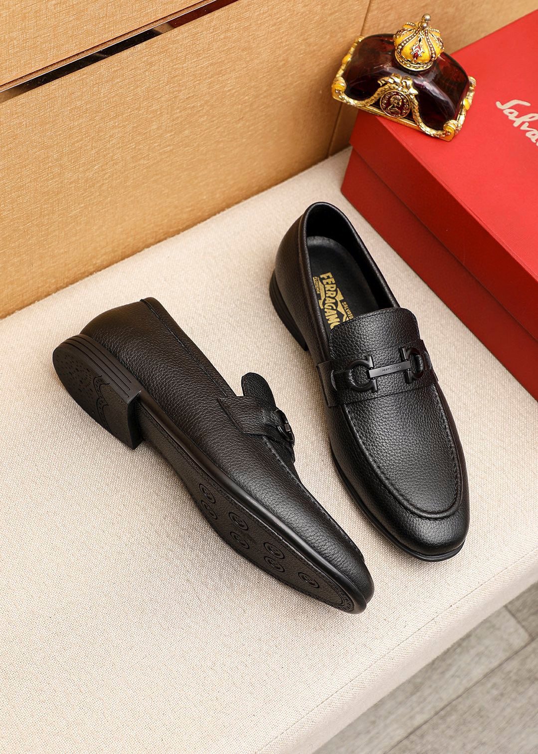 Ferragamo Textured Metal-Strap Loafers