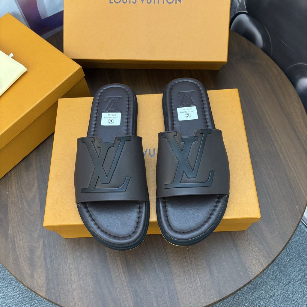 Louis Vuitton Men's Raised-Monogram Slide Sandals